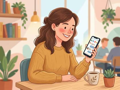 カフェで笑顔の女性が、スマホのメッセージを読んでリラックス。