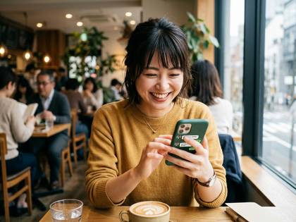 カフェでスマートフォンを笑顔で操作する女性。ラテアートのコーヒーも。