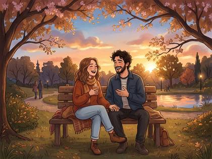 秋の夕暮れ、公園のベンチで笑顔で語り合うカップル。