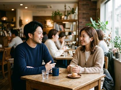 喫茶店でテーブルを挟んで笑顔で会話する男女。
