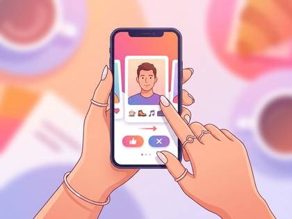 スマホでマッチングアプリを操作する手。男性のプロフィール。