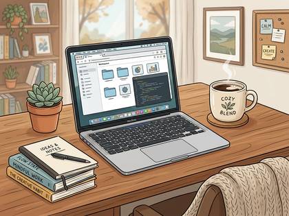デスクにノートPC、コーヒー、メモ帳、多肉植物があるクリエイティブな作業空間。