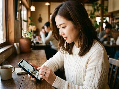 カフェでくつろぎながらスマートフォンを見る女性。