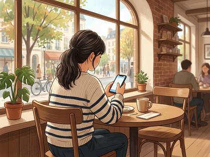 カフェの窓際で、スマホを見ている女性。 (20文字)