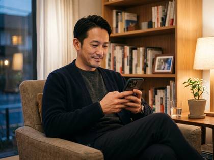 自宅で椅子に座りスマホを使う笑顔の男性。