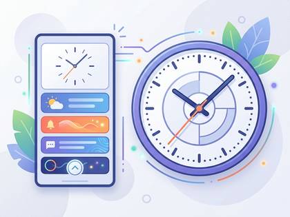 スマートフォンと大きなアナログ時計のイラスト。時間管理やスケジュール機能を表す。