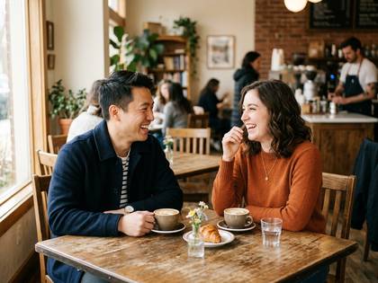 カフェでコーヒーを飲みながら笑顔で会話を楽しむ男女。