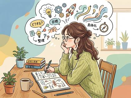 目標やアイデアを整理し、思考する女性のイラスト。