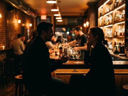 カウンター席で語り合う男女。