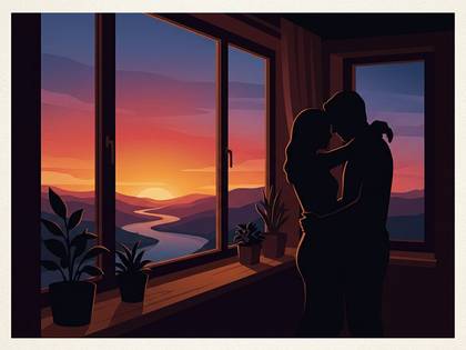 窓から見える夕焼けの山々と川を背景に、抱き合うカップルのシルエット。