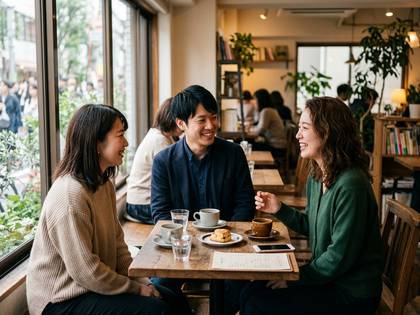 カフェの窓際で、笑顔で談笑する人々。