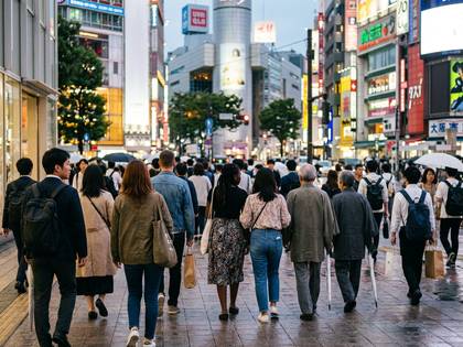 雨上がりの賑やかな街路を、多くの人々が歩く光景。