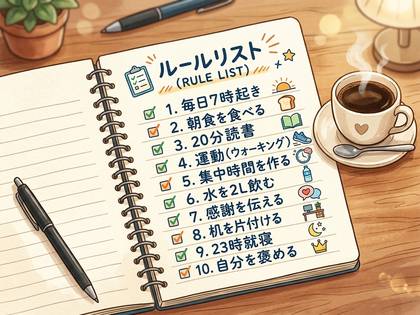 「ルールリスト」が書かれたノートとコーヒーカップのイラスト。