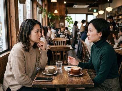 カフェでコーヒーを飲みながら会話する2人の女性。