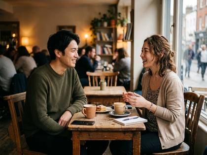 カフェで向かい合って座り、コーヒーを飲みながら談笑する男女。