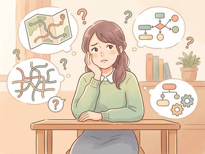 難しい問題を思案する女性。地図、フローチャート、絡み合う線が浮かぶ。