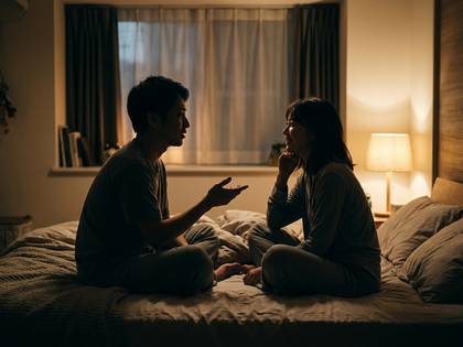 夜の寝室で、ベッドに座り語り合う男女。 (18文字)