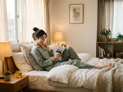 ベッドでくつろぎながら読書を楽しむ女性。