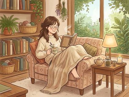 本棚と植物に囲まれた部屋で、ソファに座り読書とティータイムを楽しむ女性。