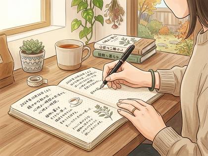 窓辺で日記を書く女性。温かいコーヒーと植物に囲まれた穏やかな時間。