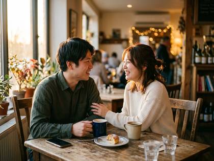 カフェで温かい飲み物を片手に笑顔で語り合うカップル。