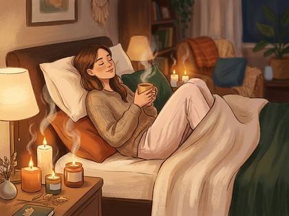 ベッドで温かい飲み物を持つ女性。キャンドルが灯る心地よい夜の室内風景。