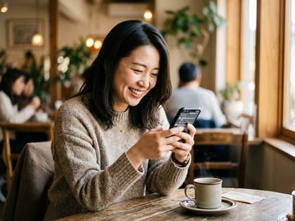 カフェで笑顔の女性がスマートフォンを見て楽しんでいる。