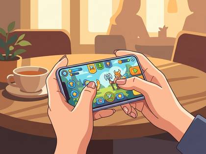 カフェのテーブルでスマホゲームを操作する手。傍らにコーヒーカップ。