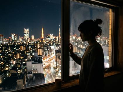 きらめく都市の夜景を窓辺から眺める女性のシルエット。タワーが見える。
