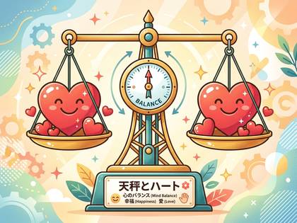 笑顔のハートが乗った天秤が心のバランスを表現するイラスト。