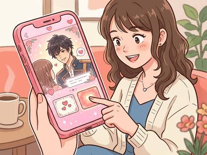 笑顔でスマホの恋愛ゲームを操作する女性。