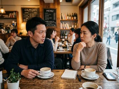 カフェでコーヒーを前に、真剣な面持ちで語り合う男女。