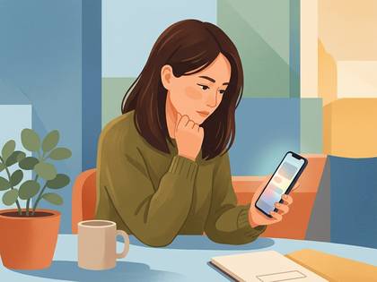 デスクでスマホを見つめ、考え込んでいる様子の女性のイラスト。