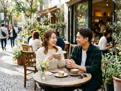 笑顔で屋外カフェを楽しむカップル。
