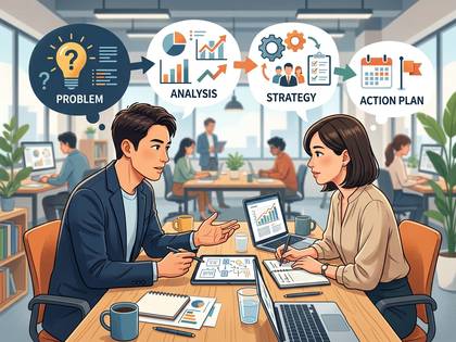 ビジネス課題解決のプロセスを話し合う男女のイラストと図解。