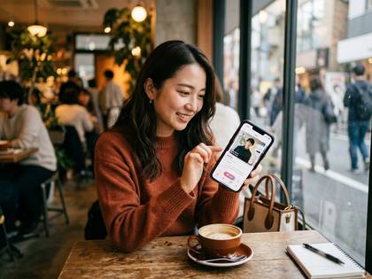 笑顔の女性がカフェでスマホを操作。アプリのプロフィールを見ている。
