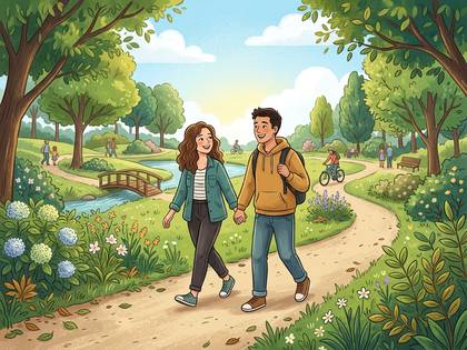 新緑が美しい公園の小道を、笑顔で手をつないで歩くカップル。