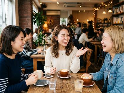 カフェでコーヒーを片手に笑顔で談笑する女性たち。