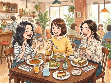 カフェで笑顔で食事を楽しむ3人の女性たち。