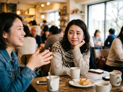 カフェで会話する二人の女性。一人は笑顔、もう一人は困り顔。