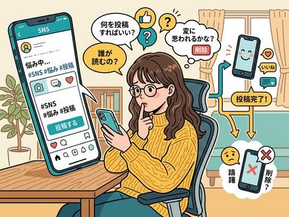 SNS投稿に悩む女性。投稿内容や他人の評価に不安を抱く。