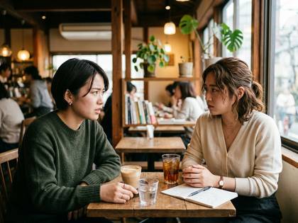 カフェで真剣に話し込む二人の女性。