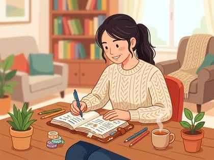暖かい室内で、笑顔の女性が机で日記をつけている。