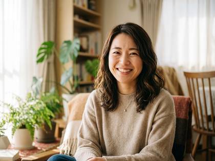 植物に囲まれた明るい部屋で微笑む女性。