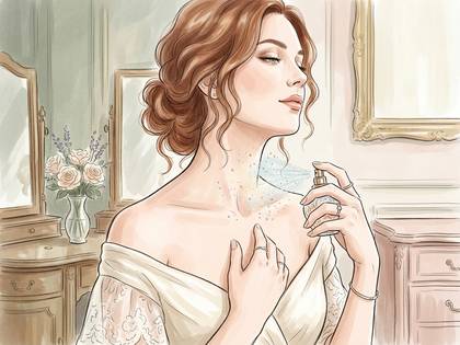 美しい茶髪の女性が、ドレッサーの前で香水を首元にスプレーする優雅なイラスト。