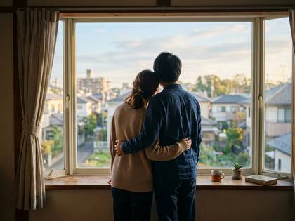 窓から街並みを眺める、抱き合うカップルの後ろ姿。