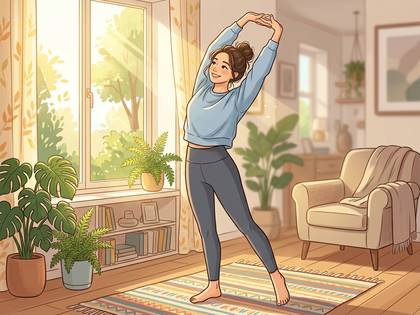 明るい部屋で伸びをする女性と観葉植物。穏やかな朝の風景。