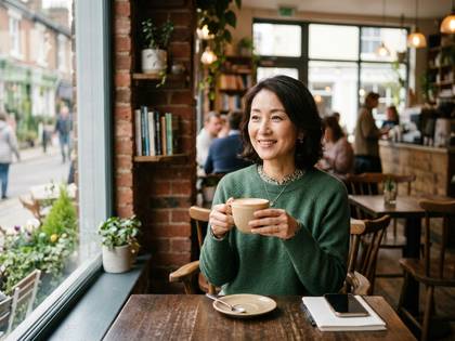 窓際のカフェで笑顔でコーヒーを飲む女性。