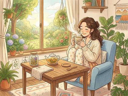陽光差し込む部屋で、観葉植物と庭を眺めながらお茶を飲む女性。