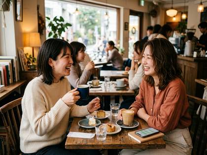 カフェで、笑顔で向かい合って話す2人の女性。コーヒーとケーキ。